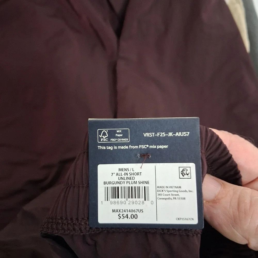 VRST All-In Short Mens Large Burgundy 7 Inch Unlined Water Repellent